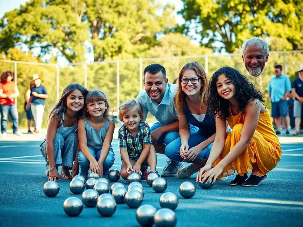 A vibrant image of diverse community members playing pétanque on a sunny outdoor court, smiling and engaging in friendly competition.