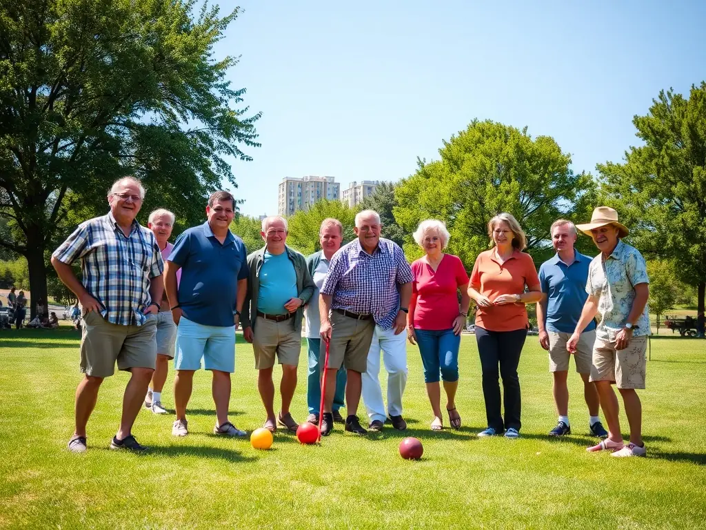 A group of diverse individuals happily playing pétanque in a sunny park, showcasing the inclusive and social nature of the activity.