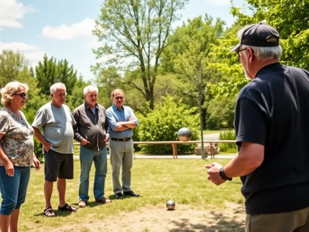 A group of seniors participating in a pétanque workshop, receiving guidance from an instructor and enjoying the camaraderie.