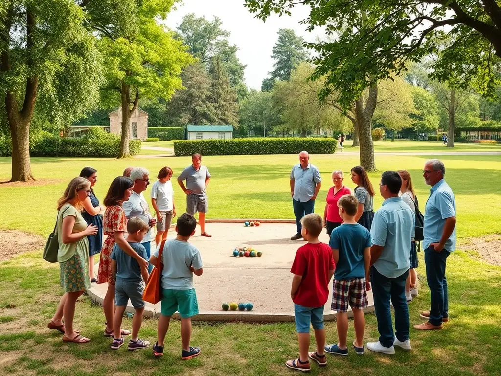 A diverse group of community members are gathered around a pétanque court, cheering and supporting each other. The scene captures the spirit of community engagement and inclusivity.