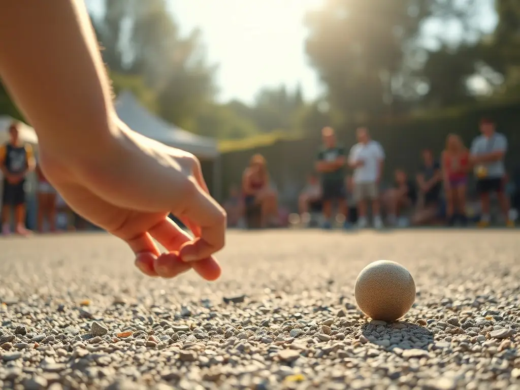 An individual is throwing a pétanque ball with precision and focus, showcasing the physical activity involved in the game. The background is a well-maintained pétanque court.