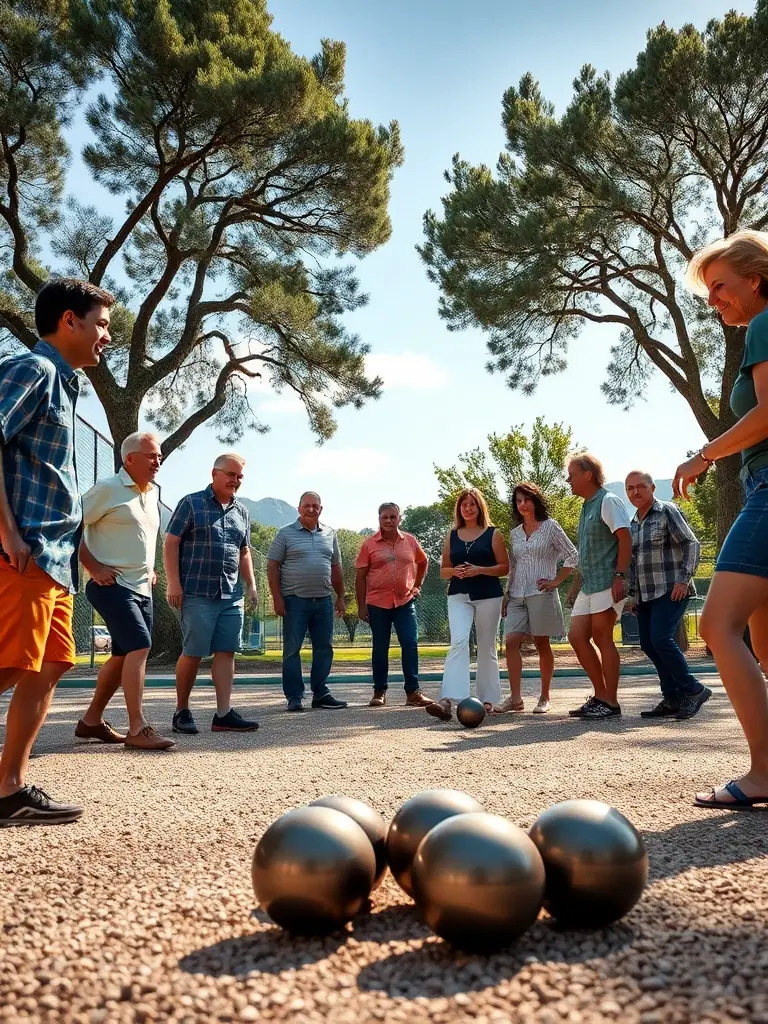 A vibrant photo of people of different ages playing pétanque in a park, showcasing the inclusive nature of LE COCHONNET MARMANHACOIS.