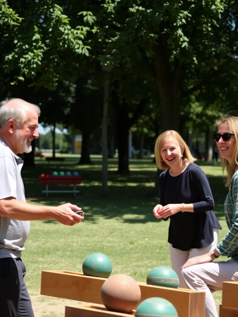 A group of people laughing and socializing after a pétanque game, emphasizing the social aspect of the association.