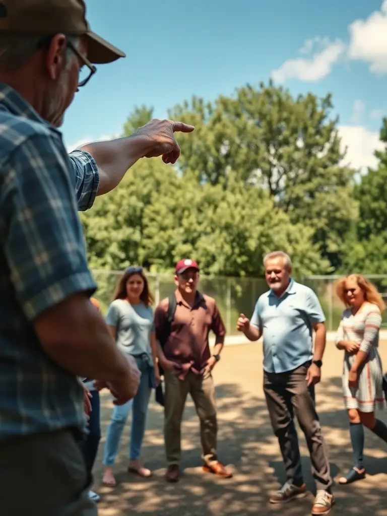 A photo of a coach teaching pétanque techniques to beginners, highlighting the learning opportunities provided by the association.