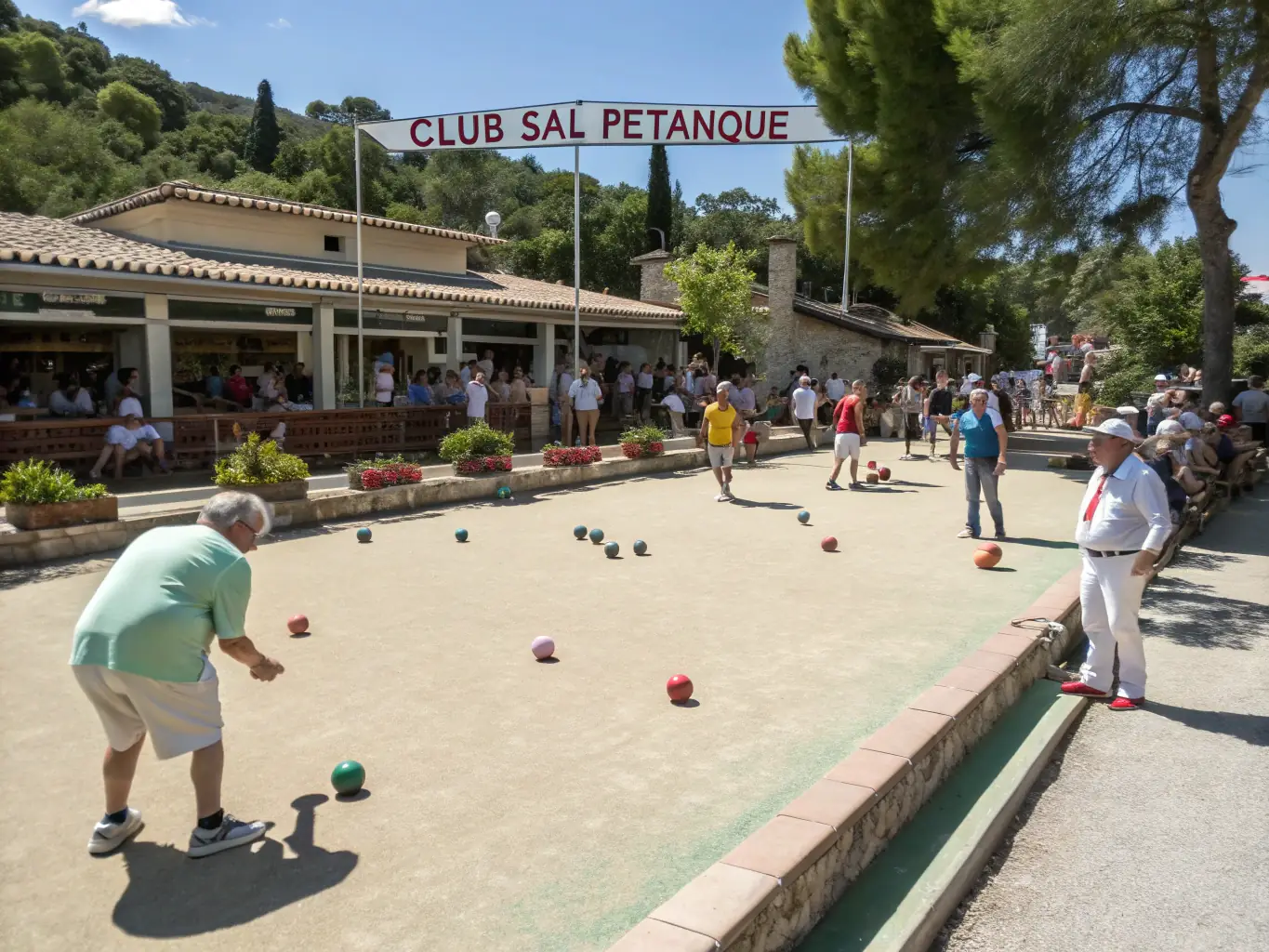 A group of people of different ages are playing pétanque in a park, laughing and enjoying each other's company. The sun is shining, and the atmosphere is friendly and relaxed.