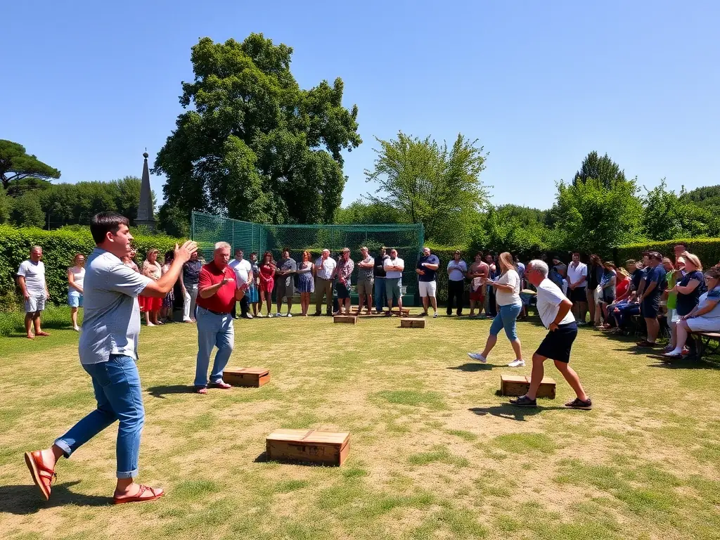 An image showing a jeu provençal match in progress, highlighting the dynamic movements and strategic elements of the game.