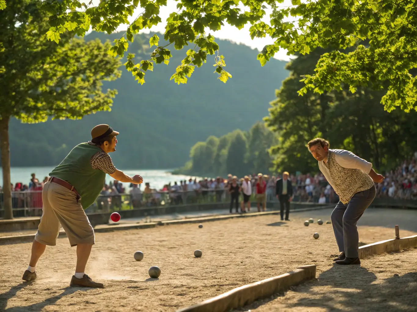 A photograph of a jeu provençal tournament in progress, capturing the excitement and competitive spirit of the game.
